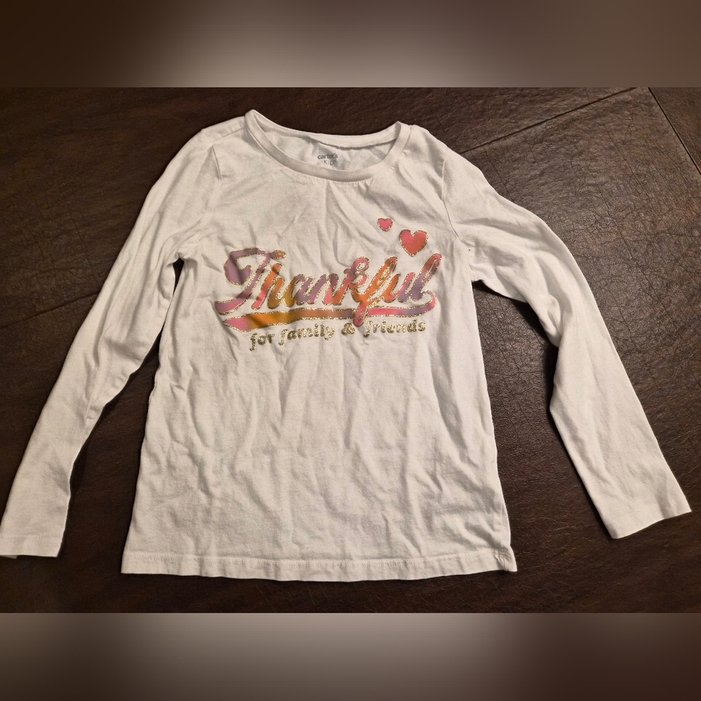 Carter's White Long Sleeve Tee with Pink and Gold "Thankful" Design Sz 8